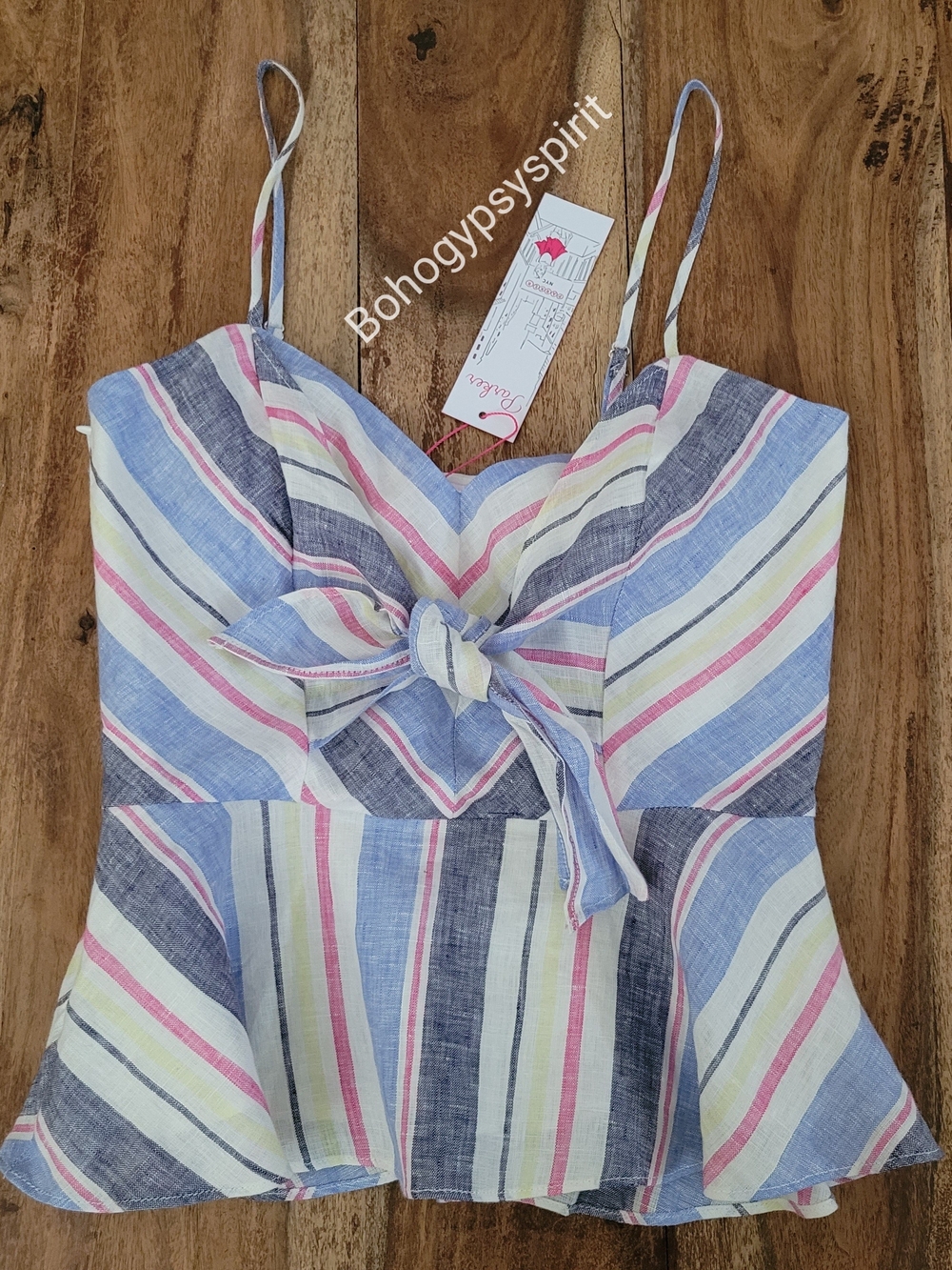 $228 Parker Stripe Tie-Front Sleeveless Peplum Top, Size XS